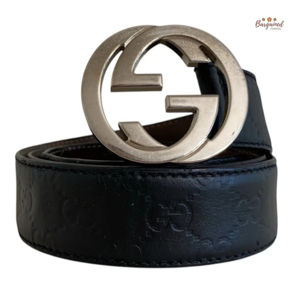 Auth Gucci Black Guccissima Leather Silver Interlocking G Buckle Belt 100/40